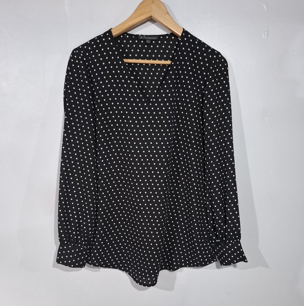 Adrianna Papell Black/white Polka Dot Long Sleeve Pullover Blouse Sz S Casual